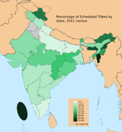 2011 Census Scheduled Tribes distribution map India by state and union territory.svg