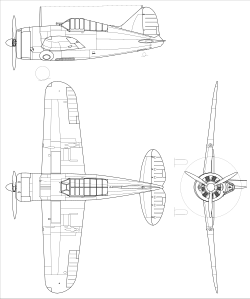 Brewster F2A-1 Buffalo 3-view line drawing.svg