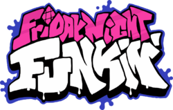 The Friday Night Funkin' logo. It has a blue outline with splatter-like shapes in several areas. The text "Friday Night Funkin'" is further outlined in black, and the shiny magenta-pink words "Friday Night" are above the off-white word "Funkin'". In the word "Friday", the dot in the letter i is diamond-shaped and divided with two vertical and two horizontal lines. The text has graffiti-style letters with paint dripping down the bottom of the word "Funkin'" and onto the extended black outline.
