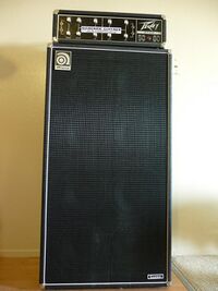 A tall, large speaker cabinet with a bass amplifier sitting on top. The speaker cabinet has eight ten-inch speakers.