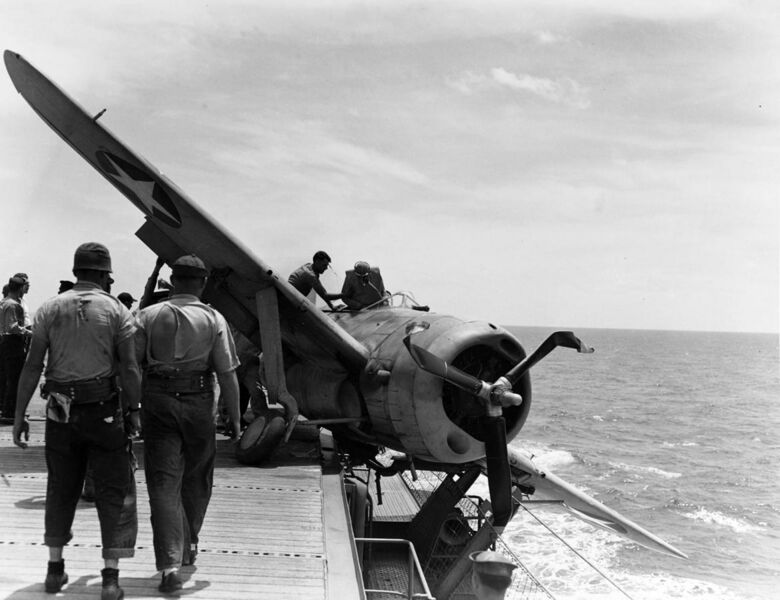 File:Crashed Brewster F2A-3 Buffalo of VMF-211 aboard USS Long Island (AVG-1) on 25 July 1942 (80-G-12905).jpg