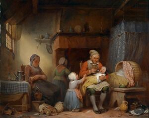 Painting of a man feeding a baby, two women and another child