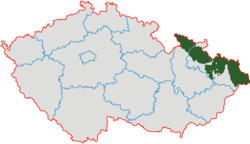 Czech Silesia (green) in relation to the current regions of the Czech Republic