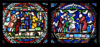 Round sections of two stained-glass windows both show a scene of a person kneeling at an altar while onlookers talk. The number of onlookers, small details and colour schemes are different.
