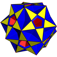 Complex rhombidodecadodecahedron with yellow pentagram and blue square.svg
