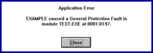 Error message for a general protection fault in Windows 3.1x