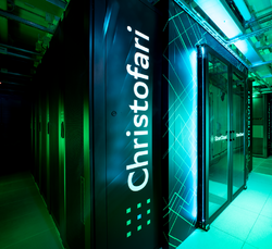 Computer racks in a datacentre, with the name 'Christofari' on the end covers