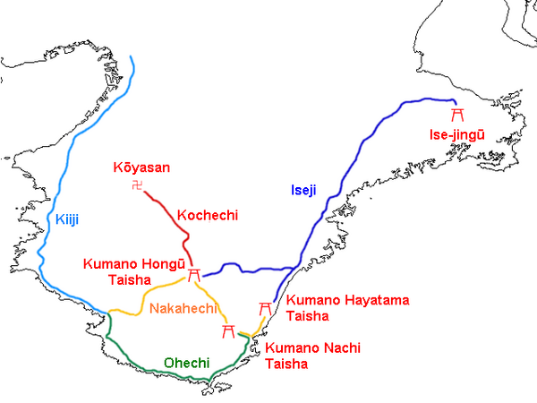 A map showing the main routes of the Kumano Kodo across the Kii Peninsula of Japan.