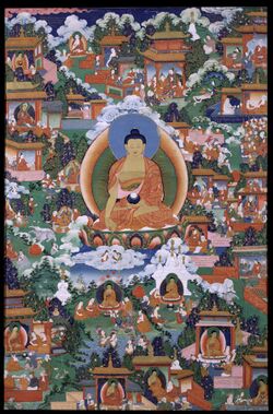 Painting with Gautama Buddha with scenes from Avadana legends depicted