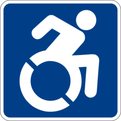 white line figure of a person leaning forward, arm raised to propel a wheelchair, blue background