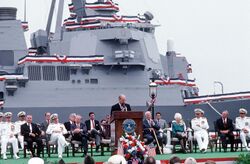 Cheney delivering speech before an AEGIS ship is commissioned.JPEG