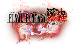 Logo of the video game Final Fantasy Awakening, showing the text with two female figures touching a globe.