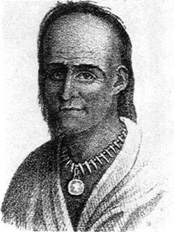 Lithograph of a smiling war chief