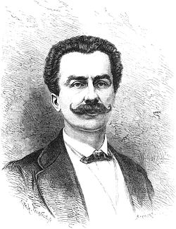Black and white drawing of the head of a man with a moustache.