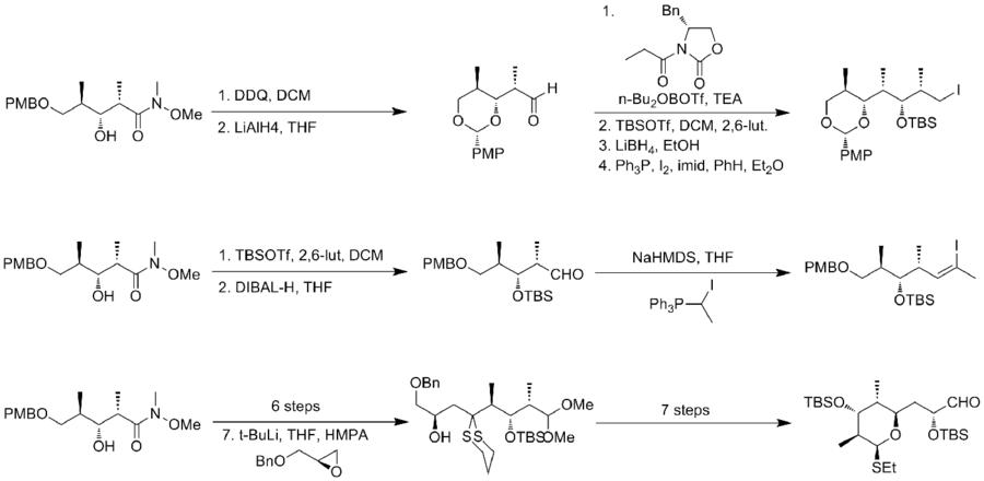 The Smith synthesis of (-)-discodermolide fragment.png