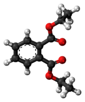 Ball-and-stick model of the diethyl phthalate molecule