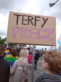 Person in a crowd holding a placard showing "TERFY PRECZ" (TERFS OUT in Polish)