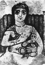 Painting of a seated woman with a child in her lap, offering one of her breasts to the child