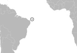 Map of the southern Atlantic Ocean with southwestern Africa and northeastern South America, with an island off northeastern Brazil highlighted.