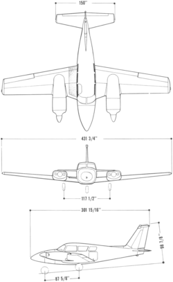 3-view line drawing of the Piper PA-30 Twin Comanche B