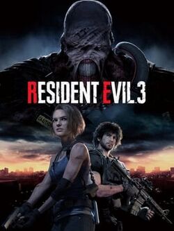 The game cover features Nemesis (above) and Jill Valentine and Carlos Oliveira (below) with the panoramic view of the infested Raccoon City