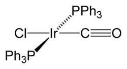 Skeletal formula of a chemical compound with iridium atom in its center bonded to two P-PH3 groups, to a chlorine atom and to a C-O group.