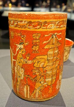 Chocolate cup depicting a mythic scene, Maya, El Zotz or vicinity, Guatemala, 650-800 AD, ceramic, polychrome slip - Princeton University Art Museum - DSC07151.jpg