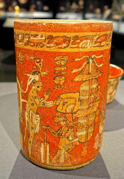 File:Chocolate cup depicting a mythic scene, Maya, El Zotz or vicinity, Guatemala, 650-800 AD, ceramic, polychrome slip - Princeton University Art Museum - DSC07151.jpg