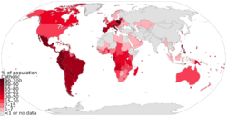 Percent of Catholics by Country–Pew Research 2011.svg