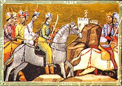 A miniature depicting a crowned man on a horse chased by a group of horsemen