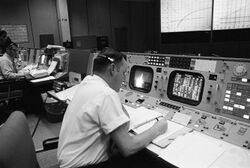 Cliff Charlesworth at his console during the Apollo 8 lunar mission, 21. December 1968.jpg