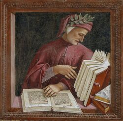 Painting of Dante Alighieri, looking at a book