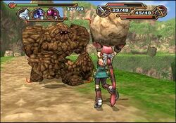 A female video game character lifts a rock. A large, humanoid rock enemy character blocks her progress.