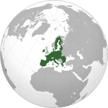 An orthographic projection of the world, highlighting the European Union and its Member States (green).