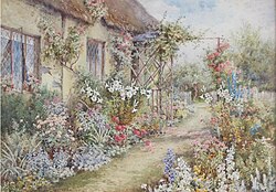 Watercolour painting of a cottage garden by Lilian Stannard