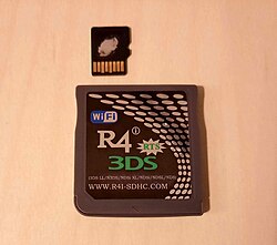 An R4i-SDHC 3DS RTS flashcard from mid 2013, with a microSD card.
