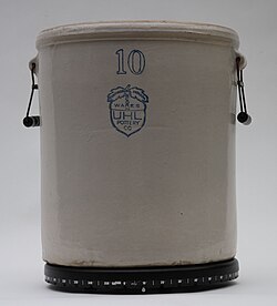 UHL Pottery Co. cream and blue crock with handles