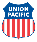 Shield of red, white, and blue with Union Pacific text