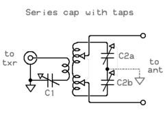 Balanced transmatch - series capacitors with tapped secondary.[lower-alpha 23]