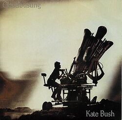 cover of Kate Bush's single, showing her sitting astride a reproduction of a 'cloudbuster'