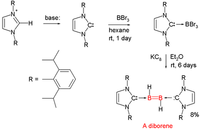 An NHC reacts adduces to boron tribromide in hexane over a day, and then reacts with potassium-graphite in ether over 6 days to the final product