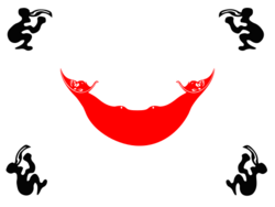 Stylized flag, with a red crescent-shaped ornament in the center and a black figure in each corner