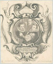 Engraved portrait by Jacob Lutma after Johannes Lutma the Elder, of Hans von Aachen with Adriaen de Vries and Paul van Vianen. The frame shows the auricular style's affinities with Mannerist strapwork
