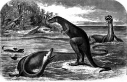 Inaccurate drawing of various prehistoric creatures, two of which are confronting each other in the foreground