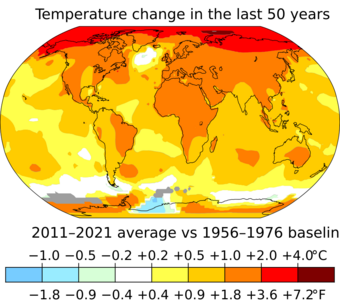 The global map shows sea temperature rises of 0.5 to 1 degree Celsius; land temperature rises of 1 to 2 degree Celsius; and Arctic temperature rises of up to 4 degrees Celsius.