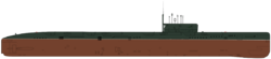 Graphic depicting a submarine with a blunt squared-off bow, a wide cylindrical hull that end in a blunt stern and rudder, a low conning tower that has nine radio masts and periscopes, and two propeller shafts near its stern.