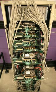 Google's first servers, showing lots of exposed wiring and circuit boards