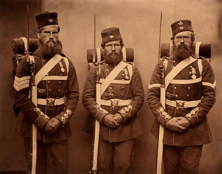 File:Jabez Hughes after Cundall & Howlett - Heroes of the Crimean War - Sergeant John Geary, Thomas Onslow and Lance Corporal Patrick Carthay of the 95th (Derbyshire) Regiment of Foot.jpg
