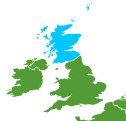 A map of the United Kingdom area, with Scotland colored