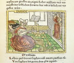 A seated woman playing a lute; more instruments are on the floor and there is a pile of books behind her